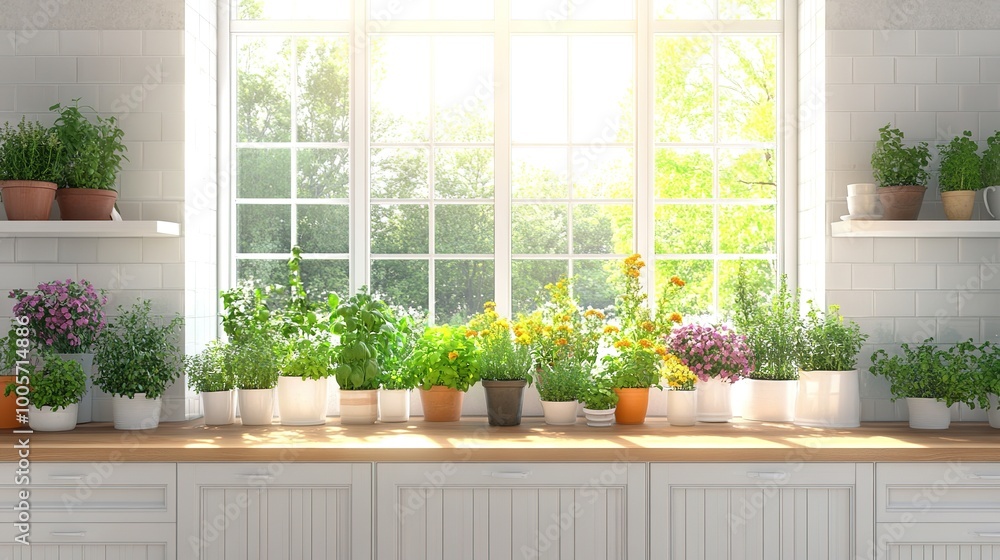 Bright Window with Flowering Plants in a Cozy Kitchen Bright Window with Flowering Plants in a Cozy Kitchen