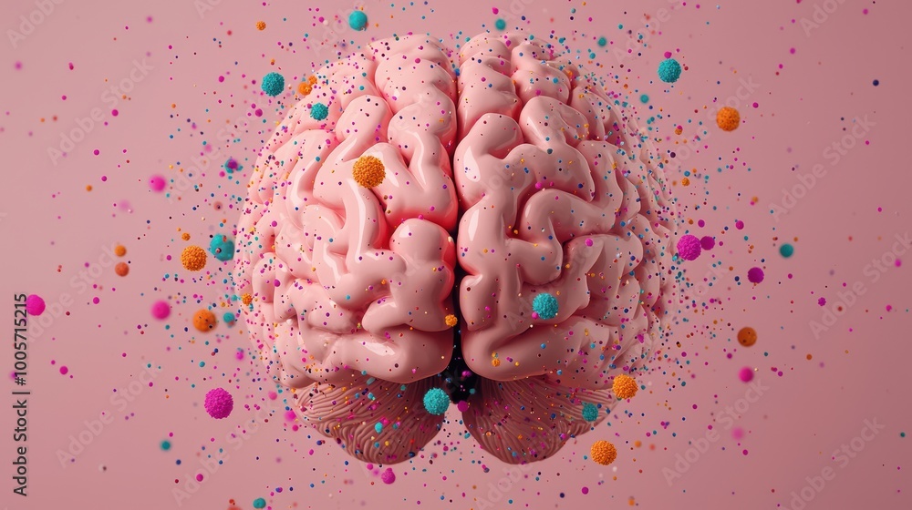 Colorful brain illustration with abstract particles, pink background. Colorful brain illustration with abstract particles, pink background.