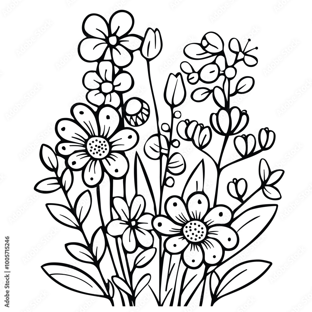 Cute design with flowers coloring page, Hand drawn flat design simple flower outline set. Cute design with flowers coloring page, Hand drawn flat design simple flower outline set.
