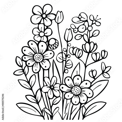 Cute design with flowers coloring page, Hand drawn flat design simple flower outline set.