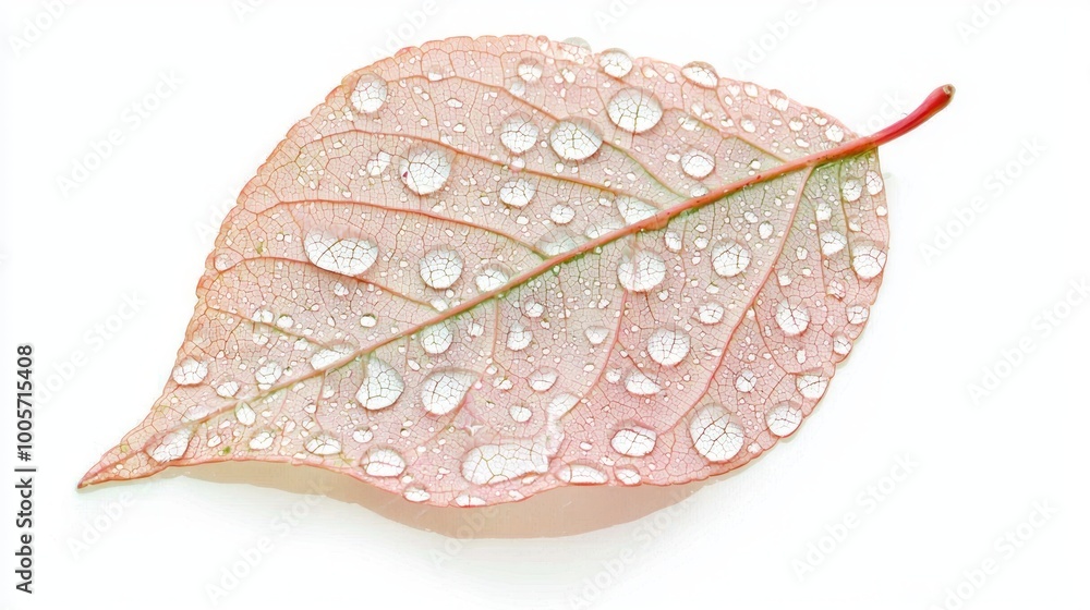 Fototapeta premium Botanical Beauty - Vibrant Leaf with Water Droplets on White Background