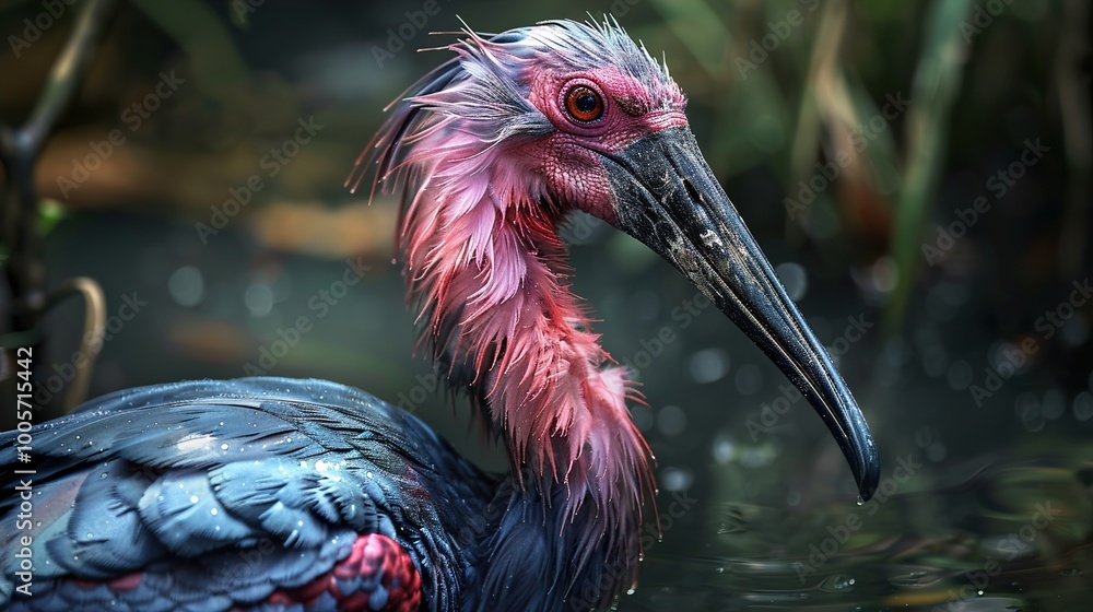 Naklejka premium Close Up Portrait of a Pink and Black Bird in Water