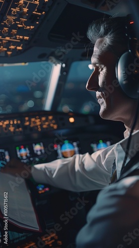 A pilot in a flight simulator, referencing a playbook on emergency procedures, their face showing calm professionalism and readiness as they practice critical maneuvers. photo