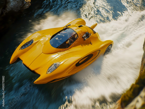 A yellow boat is speeding through the water. The boat is designed to look like a race car, and it is moving very fast. The water is choppy, and the boat is creating a lot of waves