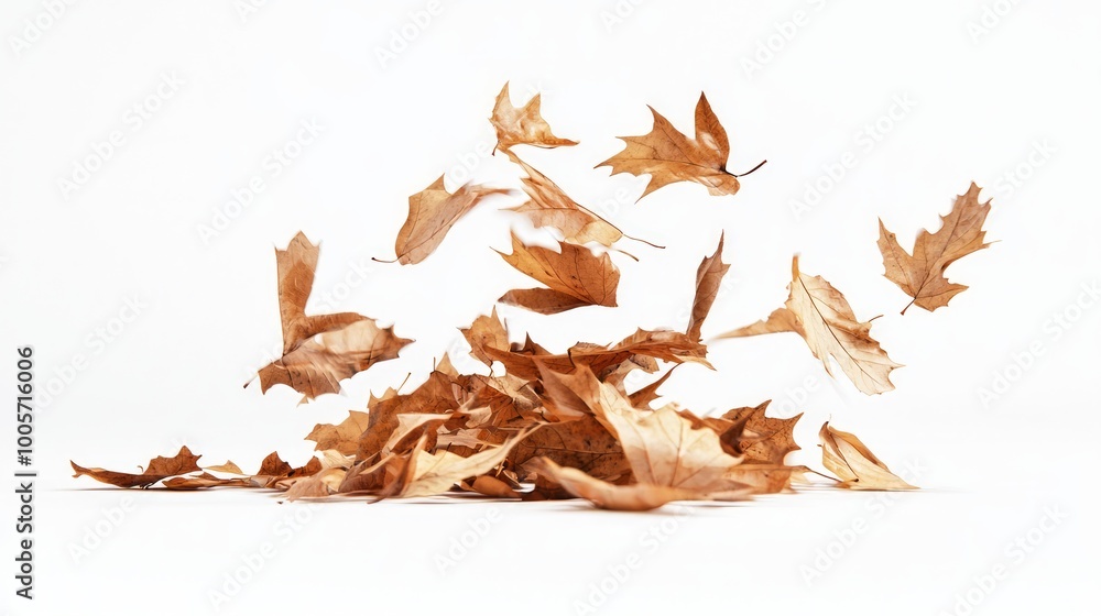 Vivid Autumn: Falling Leaves in Motion on White Background Vivid Autumn: Falling Leaves in Motion on White Background