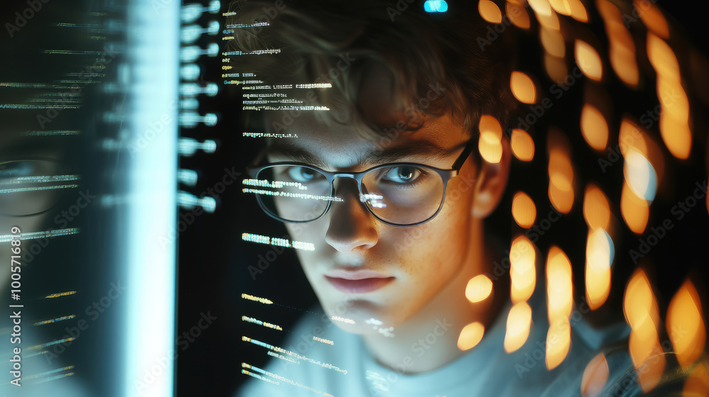 young man with glasses programming on computer screen, lines of code, science, programmer, scientist, future, boy, guy, artificial intelligence, hologram, developer, digital device, display young man with glasses programming on computer screen, lines of code, science, programmer, scientist, future, boy, guy, artificial intelligence, hologram, developer, digital device, display