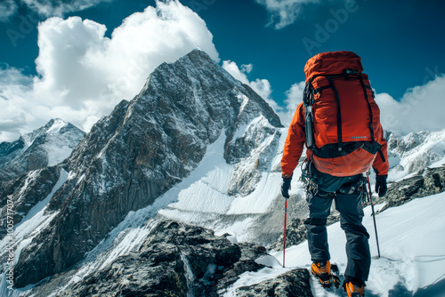 A man in an orange jacket stands on a snowy mountain with a backpack on his back. Concept of adventure and excitement, as the man is preparing to embark on a challenging journey