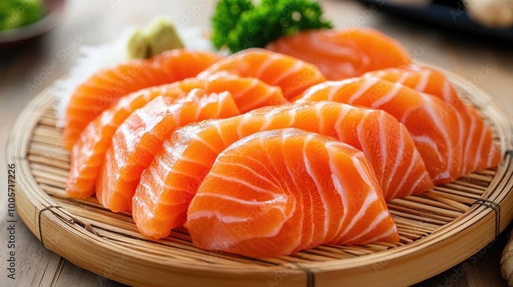 Fresh Salmon Slices on Bamboo Platter Fresh Salmon Slices on Bamboo Platter