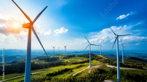 Wind turbines on green landscape under blue sky photo