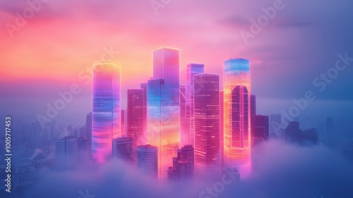 Futuristic city skyline at sunset with colorful neon lights.