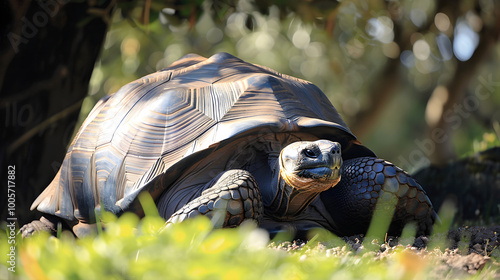 Ancient tortoise sunbathes gracefully, showing off its age and wisdom in vintage filter. photo