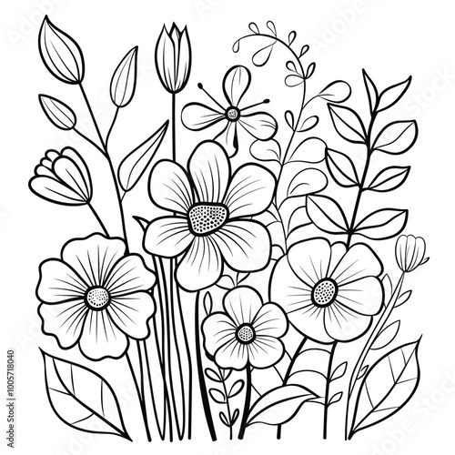 Cute design with flowers coloring page, Hand drawn flat design simple flower outline set.