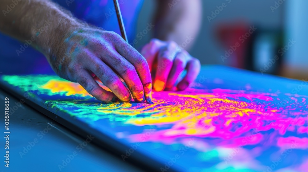 Hands creating vibrant art with colorful light effects Hands creating vibrant art with colorful light effects