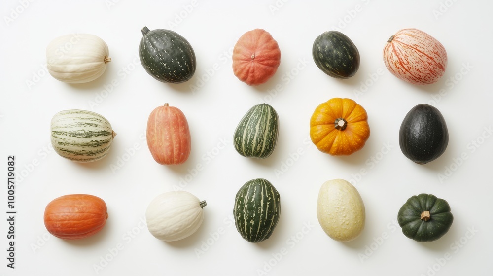 Vibrant Pumpkin Patch: Creative Flat Lay of Colorful Pumpkins in Various Shapes on White Background Vibrant Pumpkin Patch: Creative Flat Lay of Colorful Pumpkins in Various Shapes on White Background