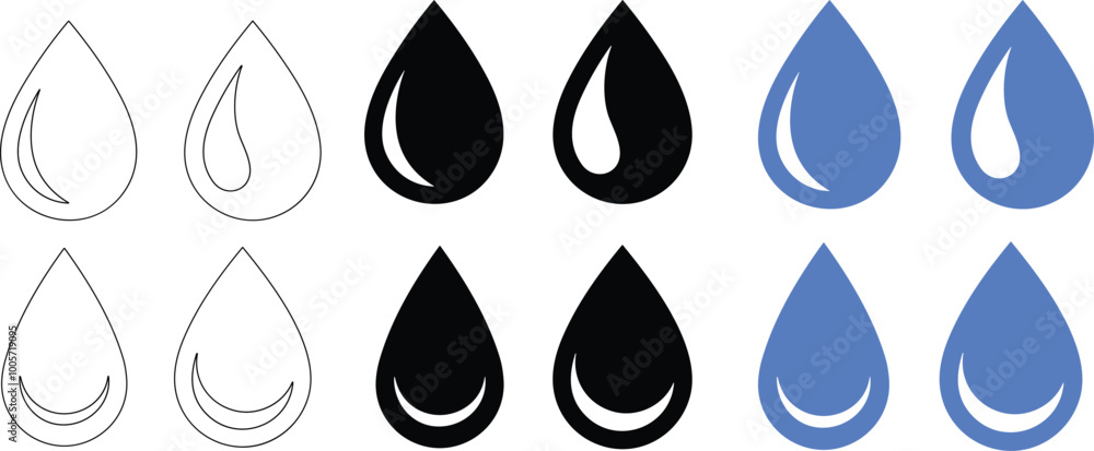 Water drop shape collection. Blue and black water drops set. Water or oil drop. Line and flat style. raindrop or sweat, wet droplets of dew shapes. Vector illustration Water drop shape collection. Blue and black water drops set. Water or oil drop. Line and flat style. raindrop or sweat, wet droplets of dew shapes. Vector illustration