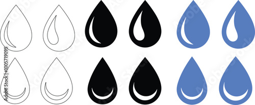 Water drop shape collection. Blue and black water drops set. Water or oil drop. Line and flat style. raindrop or sweat, wet droplets of dew shapes. Vector illustration