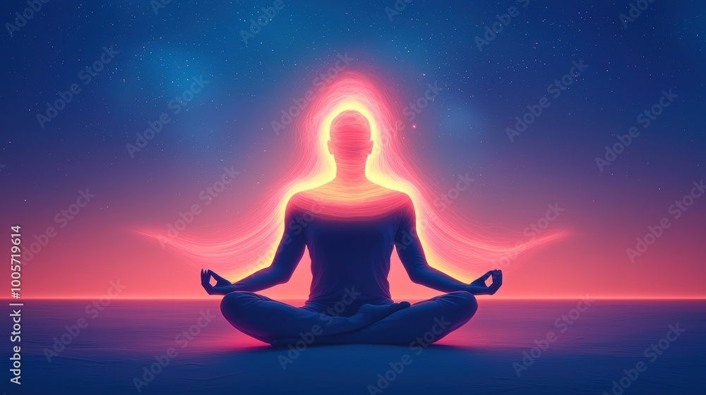 Meditative figure with glowing aura against a cosmic background. Meditative figure with glowing aura against a cosmic background.