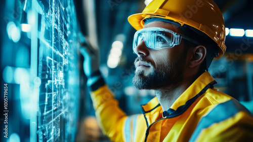 Construction worker reviewing blueprints photo