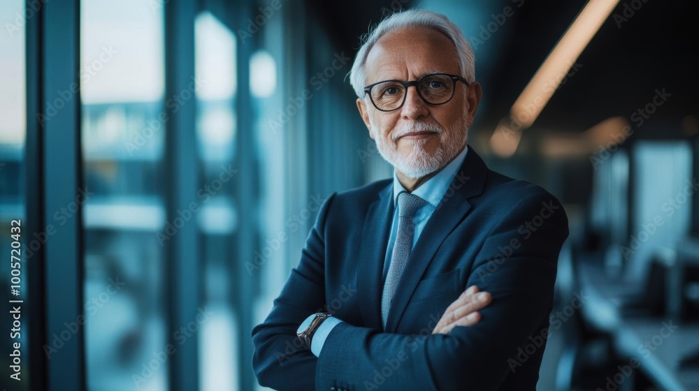 Portrait of a confident senior businessman with arms crossed, standing in a modern office with large windows in the background. Portrait of a confident senior businessman with arms crossed, standing in a modern office with large windows in the background.