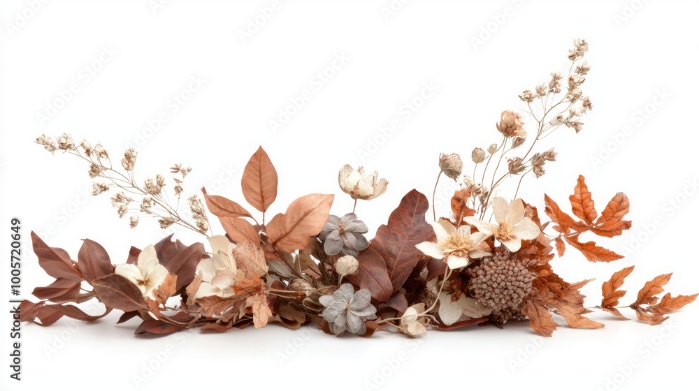 Obraz premium Autumnal Bliss - Assorted Dried Flowers and Leaves on White Background