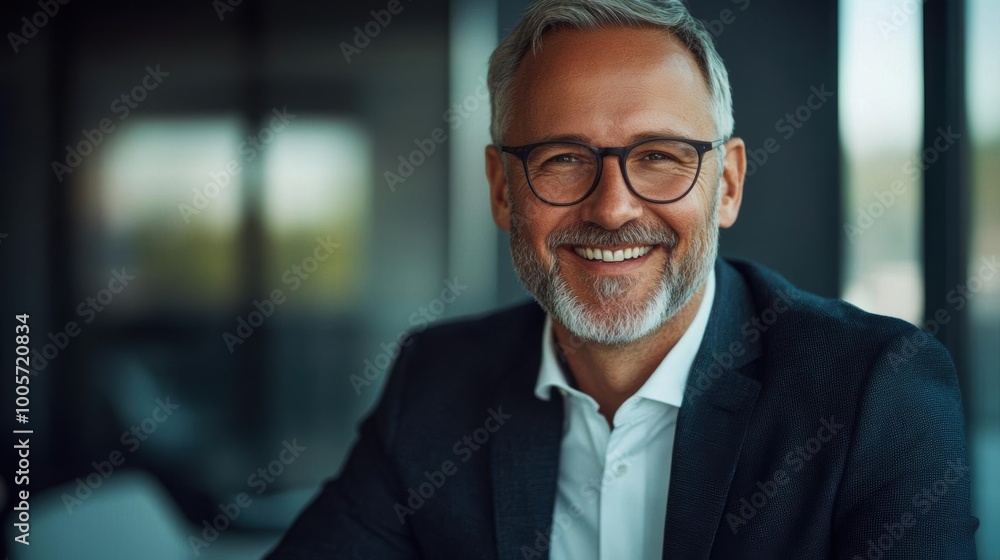 Confident mature businessman with glasses and gray hair smiling in a modern office setting, exuding professionalism and leadership. Confident mature businessman with glasses and gray hair smiling in a modern office setting, exuding professionalism and leadership.