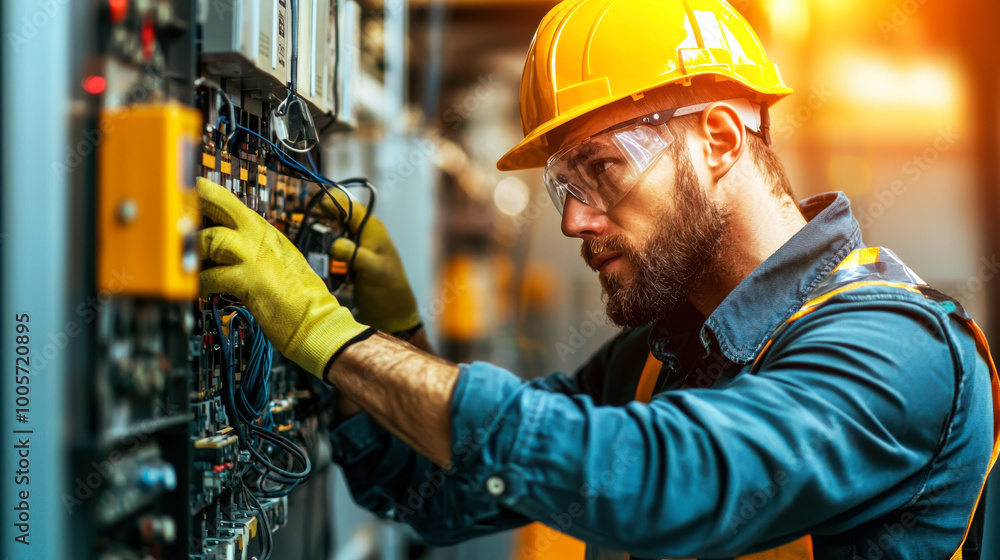 Electrician working on control panel, focused. Electrician working on control panel, focused.