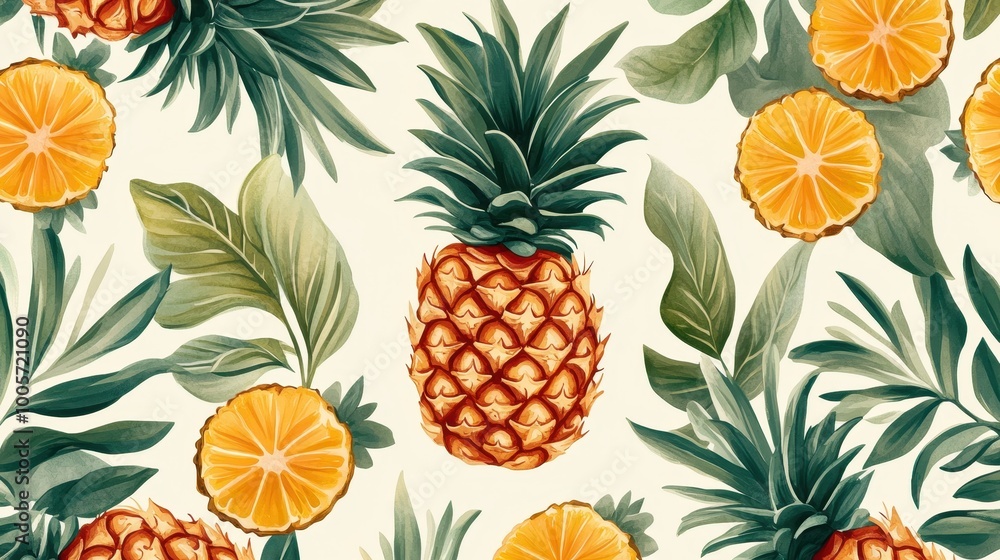 Seamless Tropical Pattern with Pineapples and Citrus Fruits on a Light Background Seamless Tropical Pattern with Pineapples and Citrus Fruits on a Light Background
