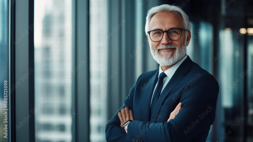 Confident senior business executive standing in modern office with arms crossed, looking authoritative and professional. Confident senior business executive standing in modern office with arms crossed, looking authoritative and professional.