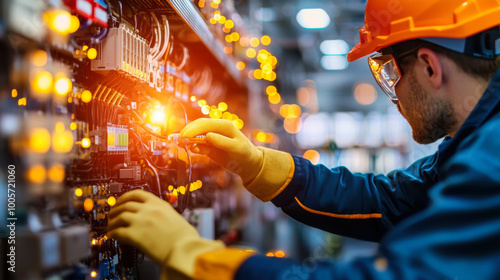 Electrician working on control panel. photo