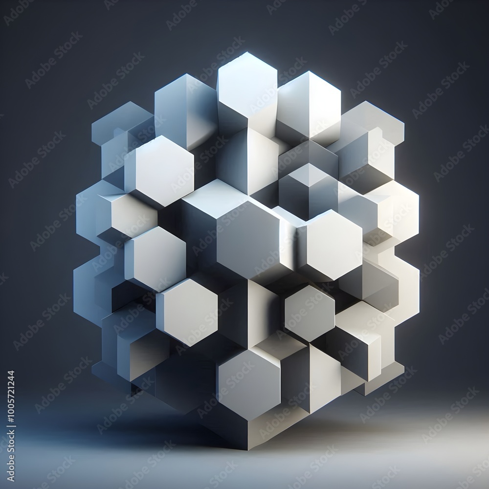 Abstract hexagon geometry background. 3d render of simple primitives with six angles in front. Dark lighting. Abstract hexagon geometry background. 3d render of simple primitives with six angles in front. Dark lighting.
