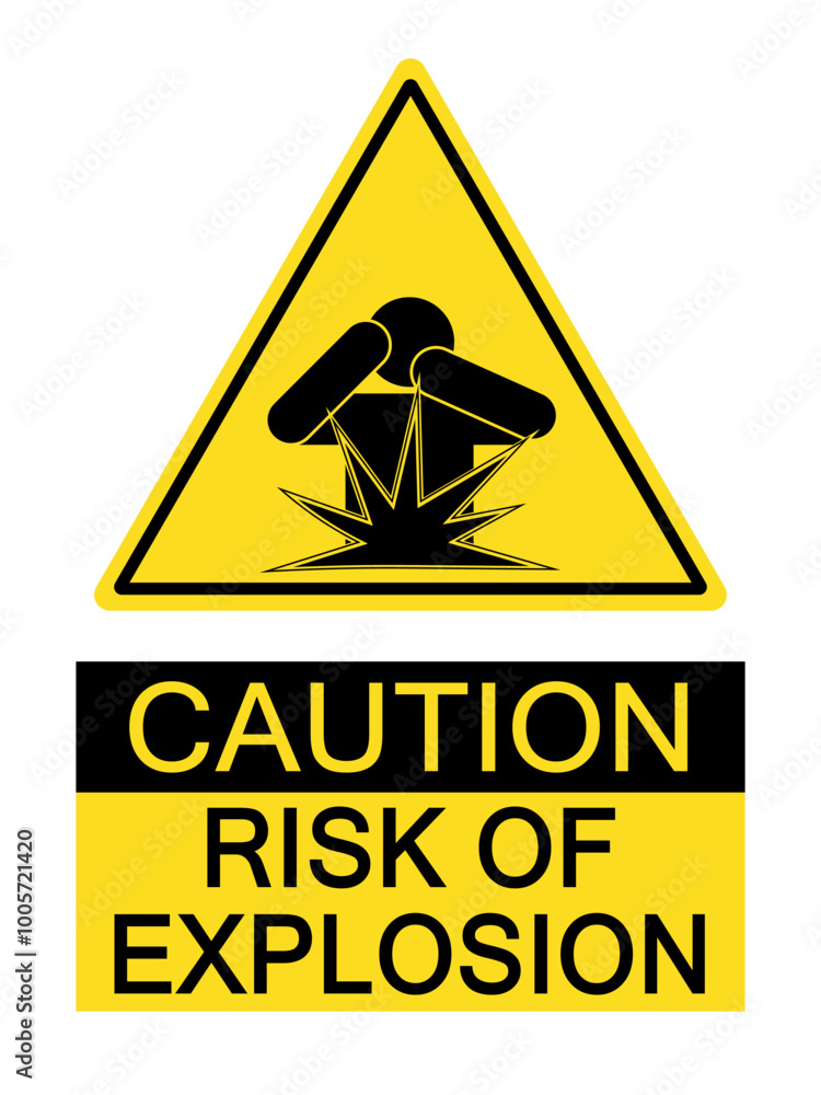 Caution, risk of explosion. Yellow triangle warning sign with text and silhouette of a person protecting his face in front of a blast. Caution, risk of explosion. Yellow triangle warning sign with text and silhouette of a person protecting his face in front of a blast.