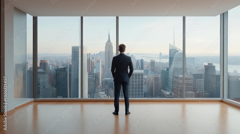 Fototapeta premium A businessman in a modern office overlooking a city skyline, portraying success, ambition, and urban business environments.