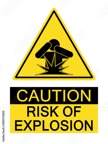 Caution, risk of explosion. Yellow triangle warning sign with text and silhouette of a person protecting his face in front of a blast.