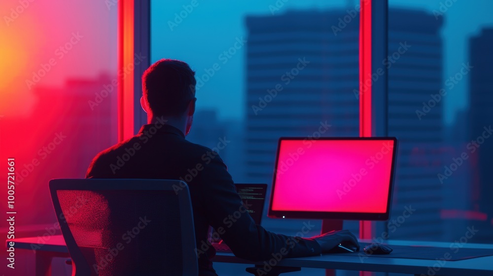 Silhouette of a man working at a computer in an office. Silhouette of a man working at a computer in an office.