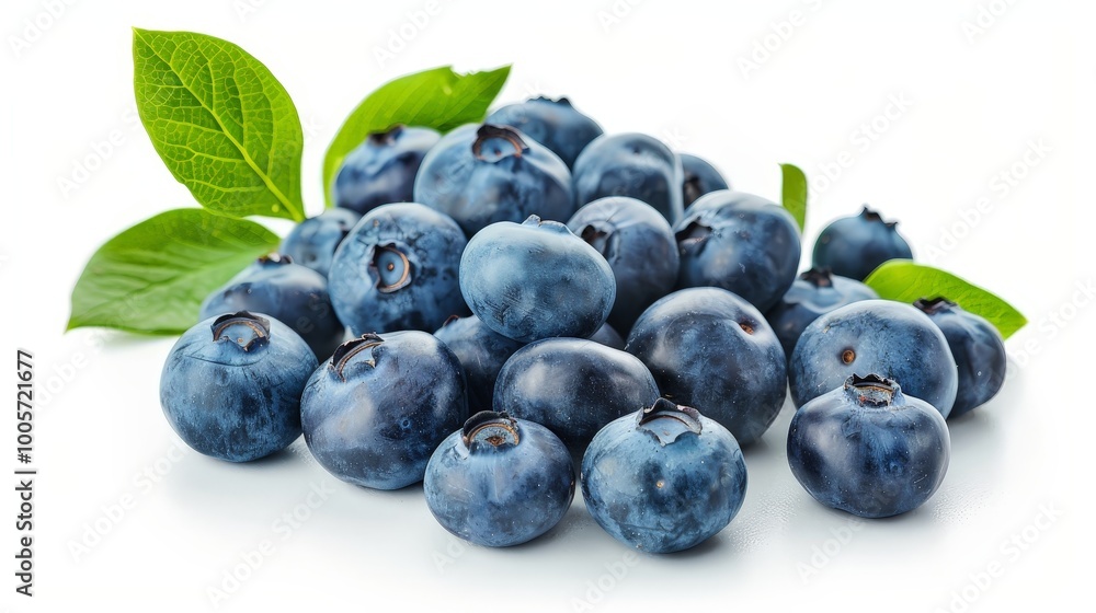 Fototapeta premium Fresh Blueberries with Green Leaves Isolated On White Background