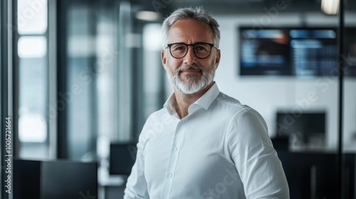 Confident middle-aged businessman with glasses standing in modern office, smiling at the camera, professional and success concept.