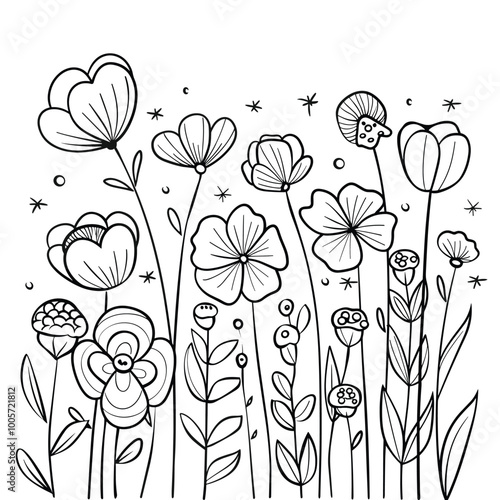 Cute design with flowers coloring page, Hand drawn flat design simple flower outline set.