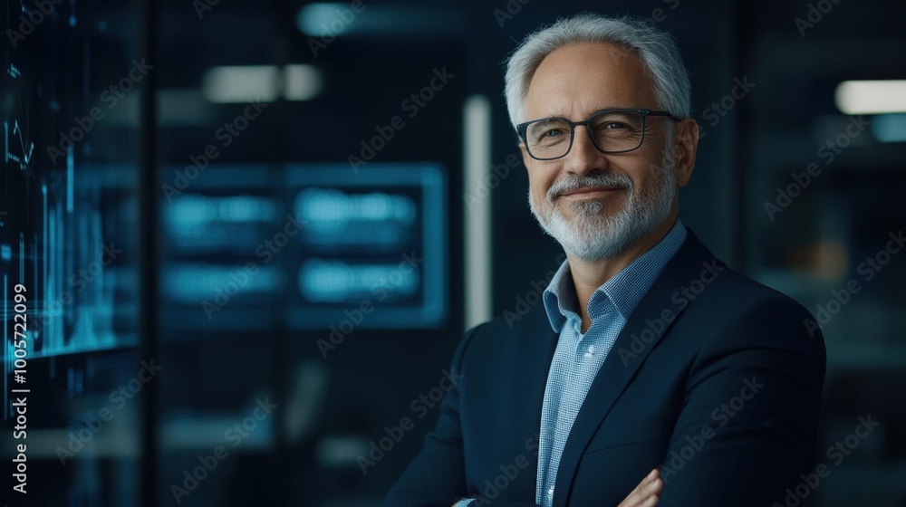 Confident senior businessman in modern office, smiling and wearing glasses, arms crossed, with digital screens in background. Confident senior businessman in modern office, smiling and wearing glasses, arms crossed, with digital screens in background.