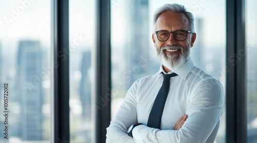 Confident senior businessman with glasses smiling, standing with folded arms in modern office with city view in the background.