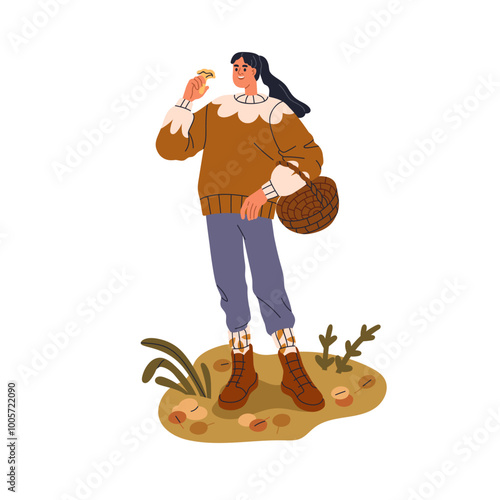 Woman picking, collecting mushrooms in fall forest. Happy female mushroomer gathering seasonal fungi, walking in autumn nature, carrying basket. Flat vector illustration isolated on white background