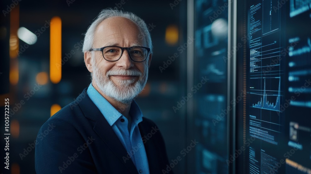 Fototapeta premium Smiling senior professional analyzing data on multiple digital screens, showcasing modern technology and expertise in data science and analytics.