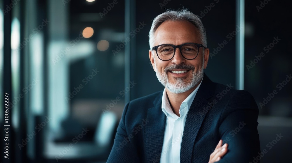 Confident mature businessman with glasses smiling in a modern office, showcasing professionalism and experience in the workplace. Confident mature businessman with glasses smiling in a modern office, showcasing professionalism and experience in the workplace.