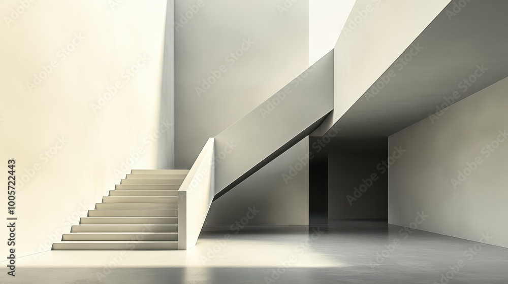 Obraz premium Modern Minimalist Interior with Geometric Staircase and Clean Architectural Lines in Neutral Tones