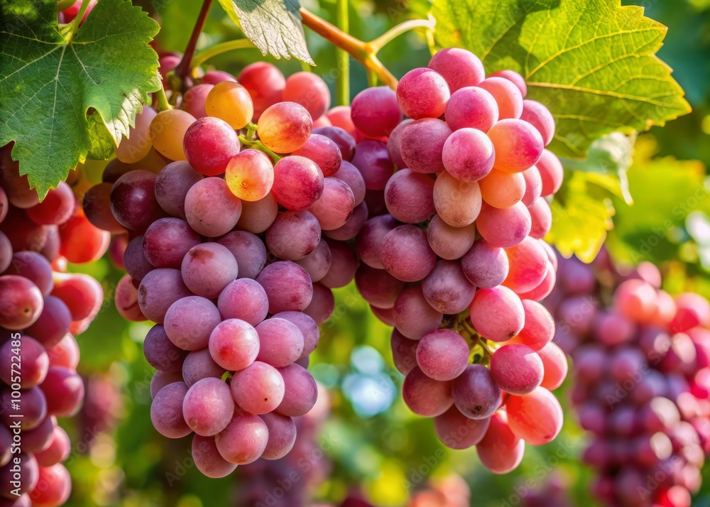 A delightful bunch of pink grapes hangs, ripe for picking, radiating freshness and flavor, all set in a A delightful bunch of pink grapes hangs, ripe for picking, radiating freshness and flavor, all set in a