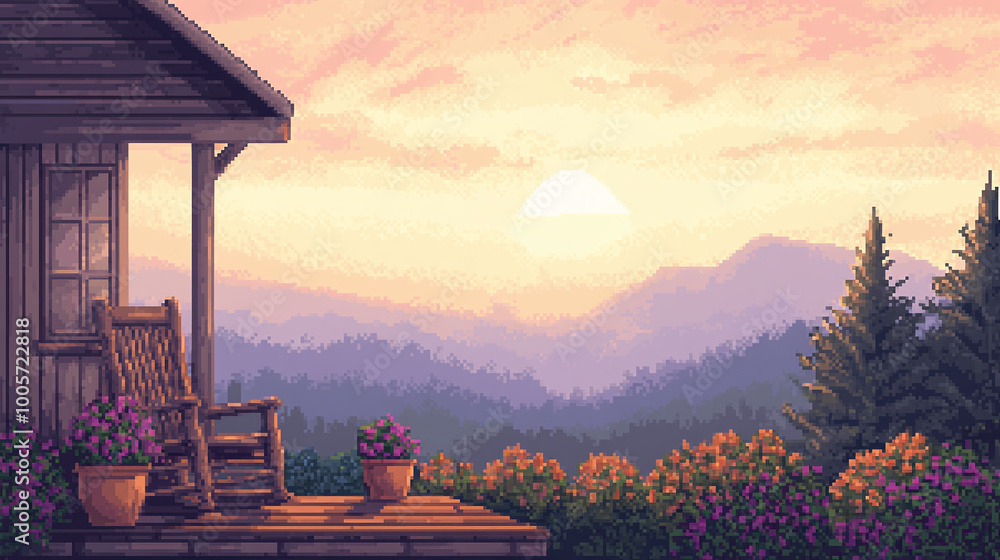 custom made wallpaper toronto digitalSerene Sunset View from a Mountain Cabin Porch - Pixel Art