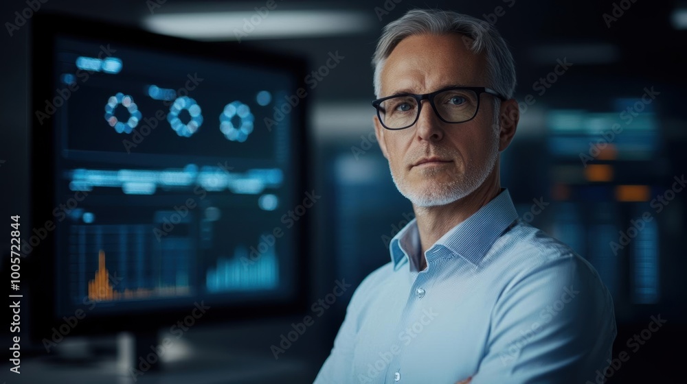 Confident professional in modern office with data analytics dashboard on screen. Concept of business intelligence and technology. Confident professional in modern office with data analytics dashboard on screen. Concept of business intelligence and technology.