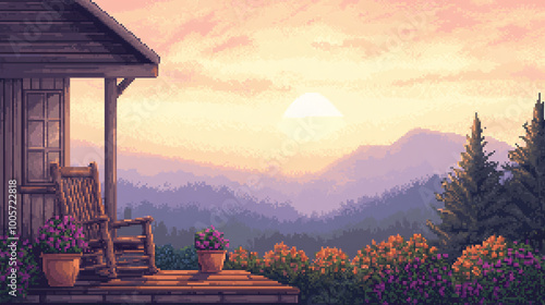 Wallpaper Mural Serene Sunset View from a Mountain Cabin Porch - Pixel Art Torontodigital.ca