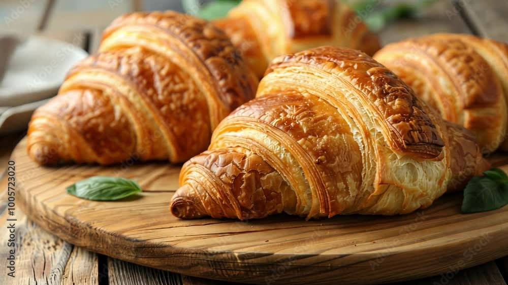 A warm display of freshly baked croissants rests on a wooden board. Their golden, flaky layers and inviting aroma fill the cozy kitchen atmosphere, complemented by fresh herbs. A warm display of freshly baked croissants rests on a wooden board. Their golden, flaky layers and inviting aroma fill the cozy kitchen atmosphere, complemented by fresh herbs.