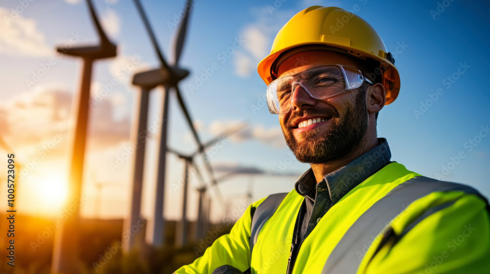 Engineer at wind farm during sunset Engineer at wind farm during sunset