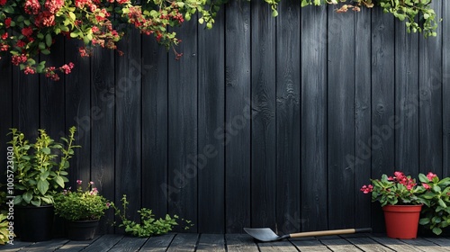 Black wooden wall background with potted plants, a shovel, and flowers hanging from the top.